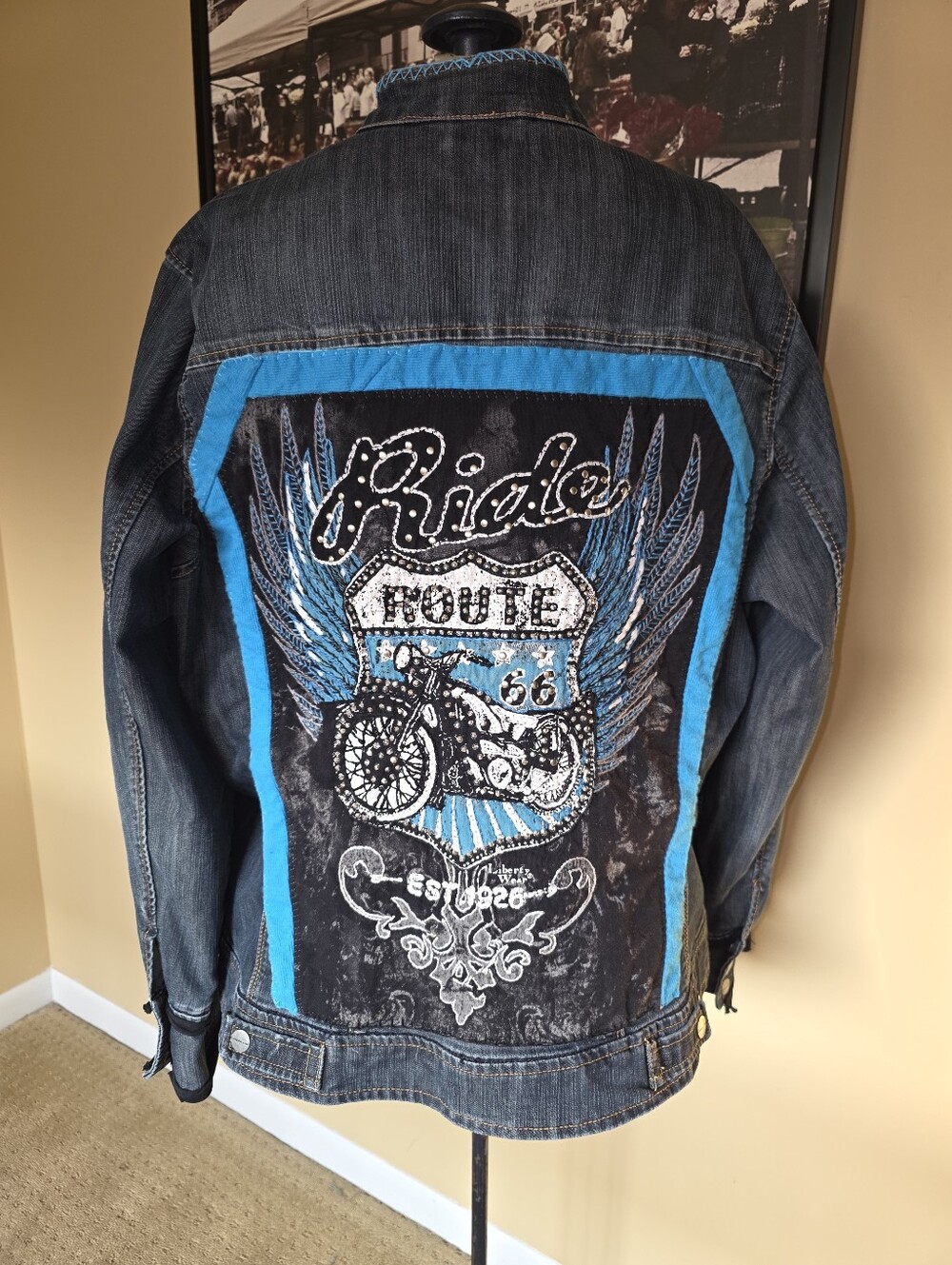 HAND CRAFTED Jean Jacket UPCYCLED Blue Jean Jacket Black Graphic Tee Size 18
